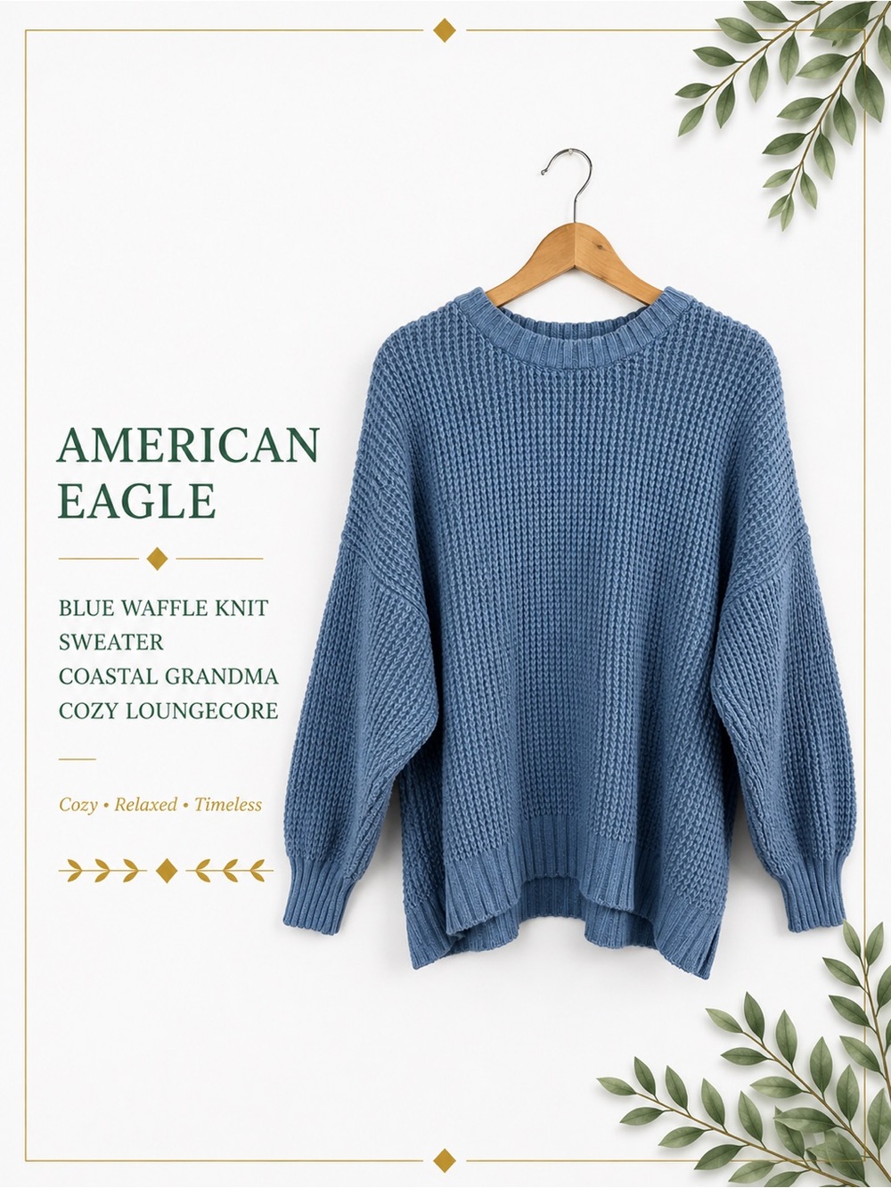 American Eagle Blue Waffle Knit Sweater Coastal Grandma Cozy Loungecore Size L